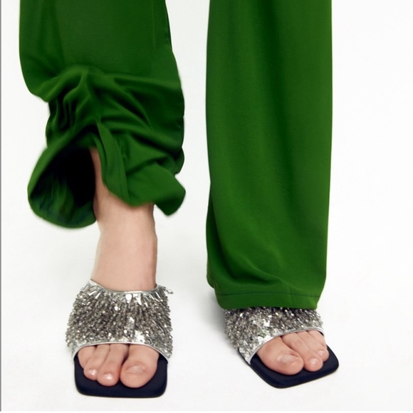 NWT Zara Party Sandals Heels Size 7.5 Open Toe Beaded Sparkly Slip On Sandals - Picture 6 of 11